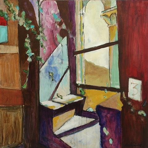 figurative, painting, acrylic, window, light, graphite, italy, spain, bench
