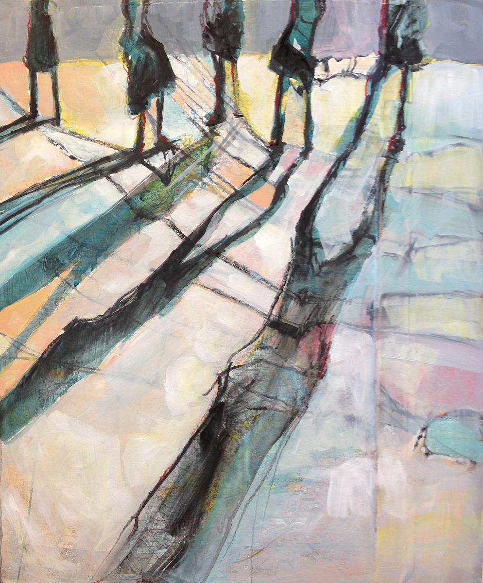 abstract painting, shape, limited palette, value, line, pattern, collage, acrylic, shadows, five, people, figurative